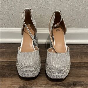 wild fable Silver Crystal-Embellished Platform Pumps with Ankle Strap